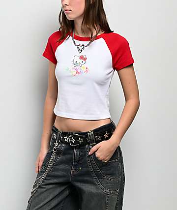 Hello Kitty® & Friends | A.LAB Hello Kitty Pink Ribbon White & Red Crop T-Shirt - 