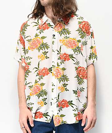 Imperial Motion Vacay White Floral Woven Short Sleeve Button Up Shirt