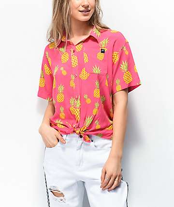JV by Jac Vanek Pineapples Pink Tie Front Short Sleeve Button Up Shirt