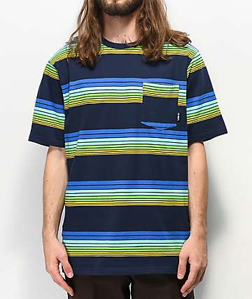 LRG Rip Tride camiseta con bolsillo azul, verde y amarillo de rayas