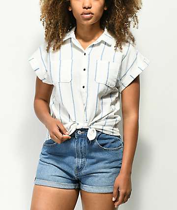 Love, Fire White & Blue Stripe Short Sleeve Button Up Shirt