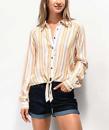 Love, Fire Yellow Stripe Tie Front Long Sleeve Button Up Shirt