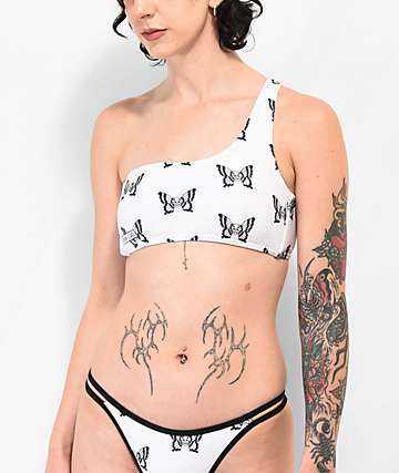 Lurking Class by Sketchy Tank Mariposa parte superior de bikini de un solo hombro blanca