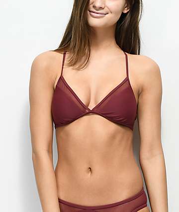 Malibu Way Out top de bikini de triángulo y malla en color Borgoño