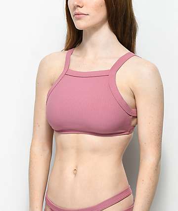 Malibu top de bikini acanalada con cuello alto en color malva