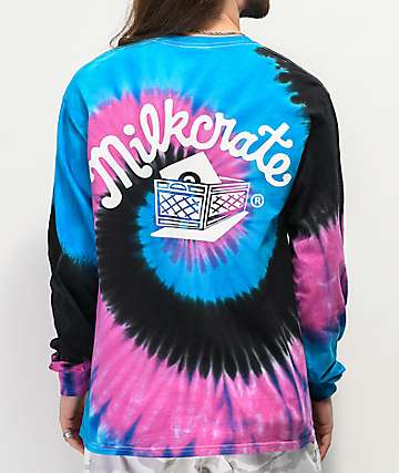 Milkcrate Logo camiseta tie dye de manga larga azul marino, rosa y negra