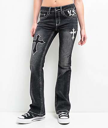 Ninth Hall Alyssia Cross Black Wash Mid Rise Bootcut Jeans - 