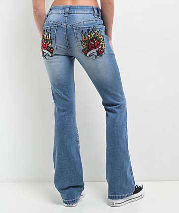 Ninth Hall Alyssia Rose Rhinestone Blue Wash Bootcut Jeans - 