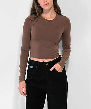 Ninth Hall Fundamentals Estie Brown Wash Fitted Crop Long Sleeve T-Shirt - 