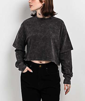 Ninth Hall Fundamentals Lonnie Black Wash Boxy 2fer Crop Long Sleeve T-Shirt - 