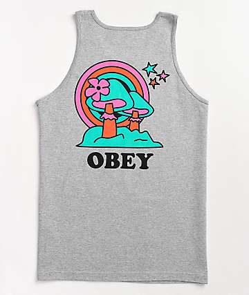 Obey STAR CROWN Heather Gray Red Graphic Star Logo Discounted Men's Tank Top