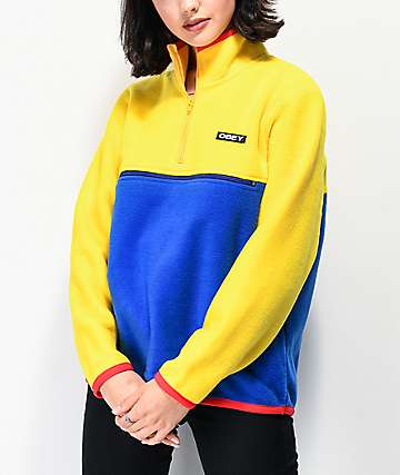 Obey Mountain sudadera de polar azul y amarilla con media cremallera
