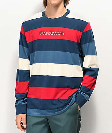Primitive Porter camiseta de manga larga azul, roja y blanca de rayas