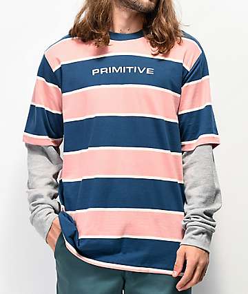 Primitive Two-Fer camiseta de manga larga rosa y azul de rayas