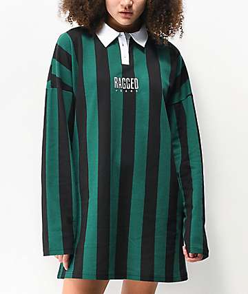 Ragged Jeans Elevator Green & Black Striped Long Sleeve Polo Dress
