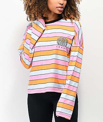 Ragged Jeans Worthy Pink, Blue & Orange Stripe Crop Long Sleeve T-Shirt