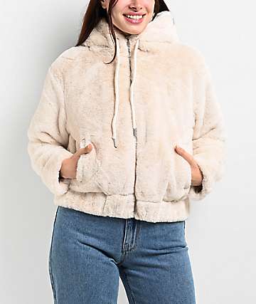 STOOSH Faux Fur Beige Crop Zip Hoodie -