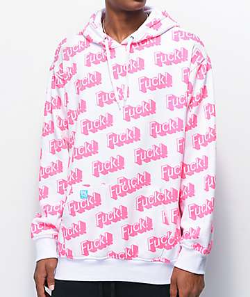 Salem7 Fuck! Allover Print sudadera con capucha blanca y rosa
