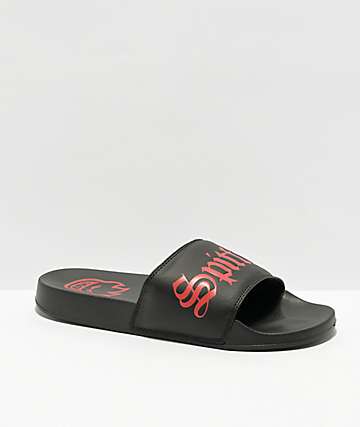 red and black adidas slides