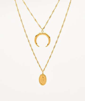 The Gold Gods Layered Crescent and Virgin Mary 20" Gold Chain Necklace