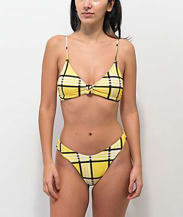 Trillium Cher parte inferior de bikini de corte alto a cuadros amarillos y negros