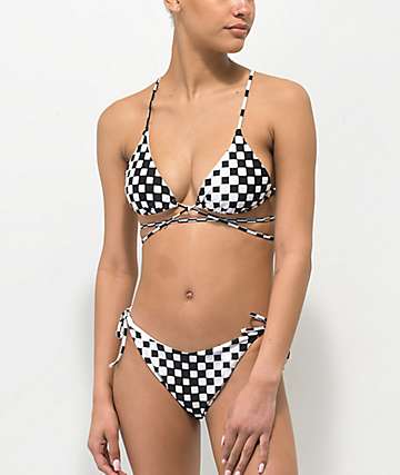 Trillium Raven Black & White Checkered High Leg Bikini Bottom
