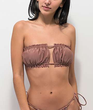 Trillium Zoey Square Scrunch Bandeau parte superior de bikini marrón