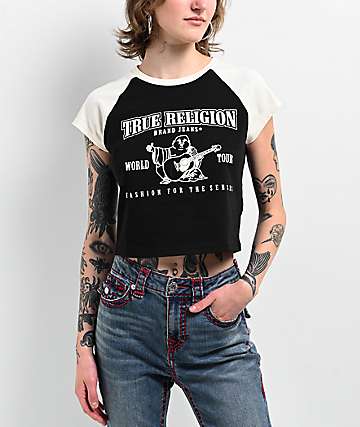 True Religion Buddha Logo Notch Rib White Crop T-Shirt