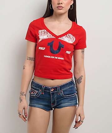 True Religion Vintage Cherry Logo Winter White Crop T-Shirt