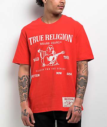 True Religion Crystal Logo White & Red Ringer Crop T-Shirt