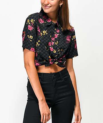 Vans Botanical Checkerboard Black Woven Short Sleeve Button Up Crop Shirt