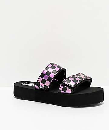 Vans Cayucas Iridescent Purple & Black Checkerboard Platform Slide Sandals