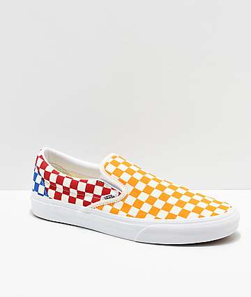 Vans Classic Slip-On zapatos de skate de cuadros rojos, azules y amarillos