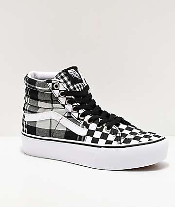 Vans Sk8-Hi zapatos de tartán blanco, gris y negro de plataforma
