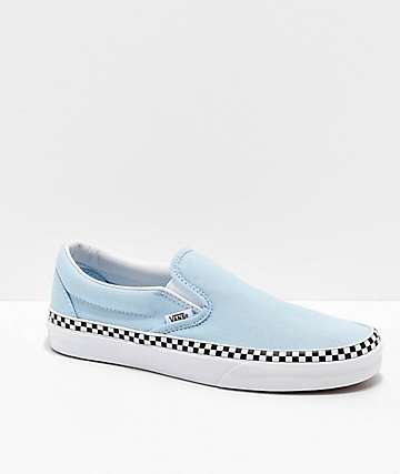 baby blue slip on vans with checkerboard stripe