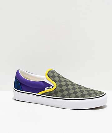 Vans Slip-On OTW Rally Green, Purple & Blue Checkerboard Skate Shoes
