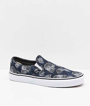 Vans Slip-On Wireframe Skulls Navy & White Skate Shoes