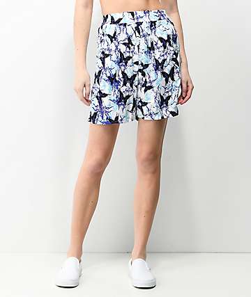Vitriol Jazz shorts de cintura elástica con estampado de mariposas en blanco y morado