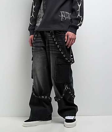 Vitriol Void Ultra Wide Strap Cargo Black Denim Jeans - 