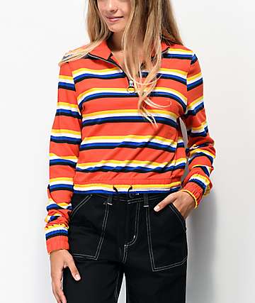 Zine Indiana Multi Stripe Orange Quarter Zip Crop Sweatshirt