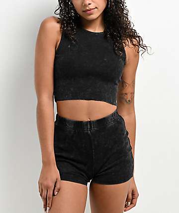 Zine Tawney Ribbed Black Wash Crop Tank Top -