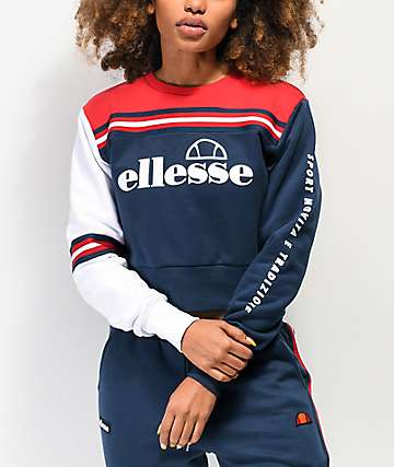 ellesse Umana sudadera corta con cuello redondo roja, azul marino y blanca