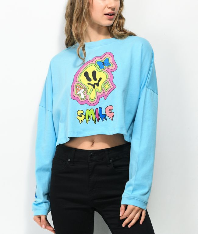 A-Lab Gayle Smile Drippy Blue Long Sleeve Crop T-Shirt