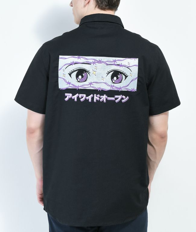A-Lab Otaku Anime Eyes Camisa negra de manga corta con botones
