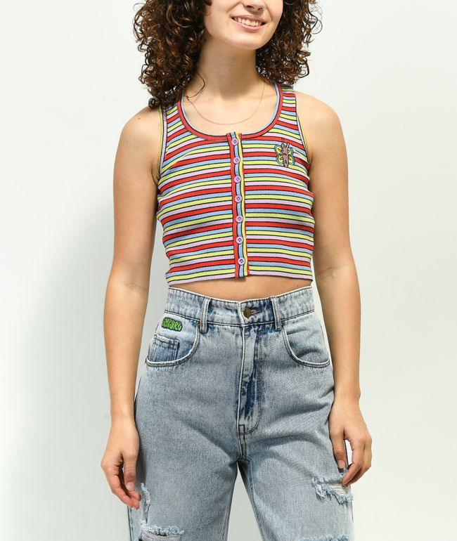 A-Lab Roscoe Red, Green & Purple Stripe Button Up Crop Tank Top