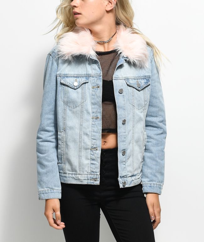 pink fluffy denim jacket