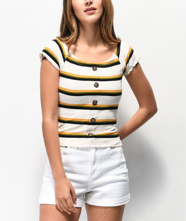 yellow and white striped off the shoulder top