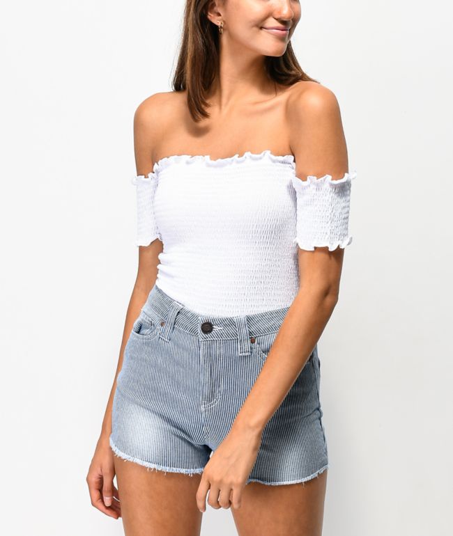 white off the shoulder smocked top