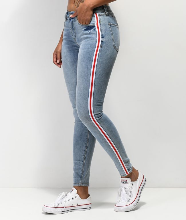 light blue jeans with white stripe