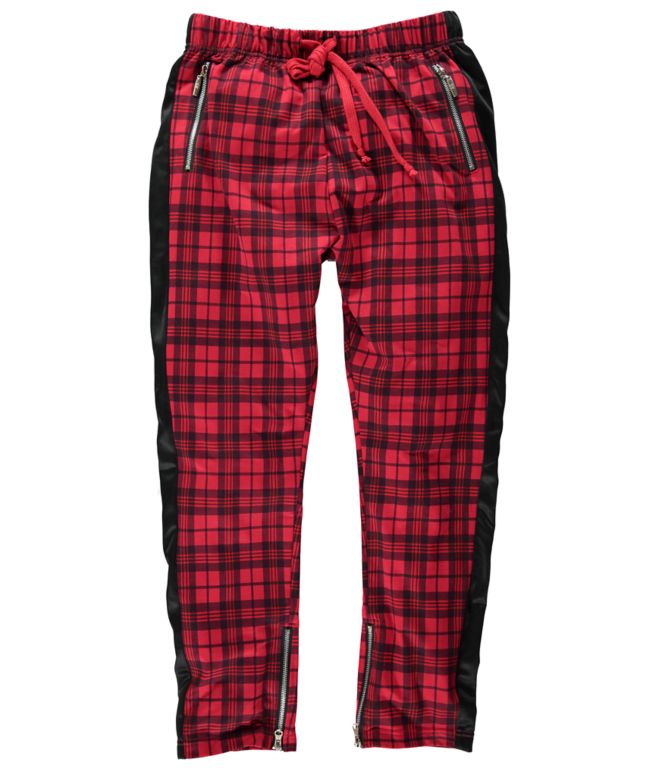 red plaid track pants